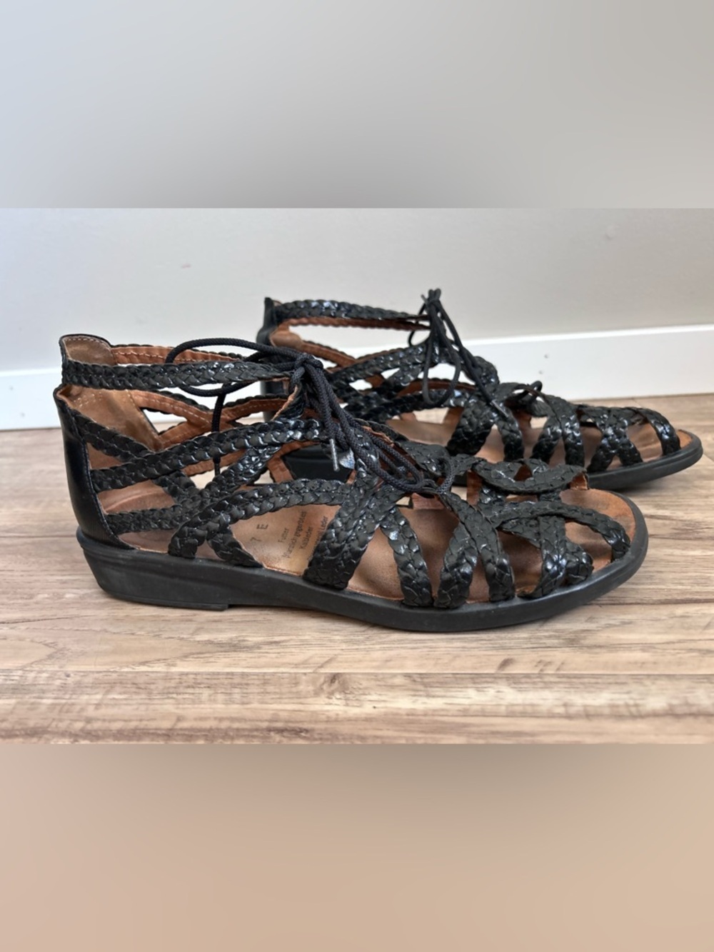 Ganter Women's Sonnica-e Hs leather Gladiator Sandals Black Braided Lace-Up